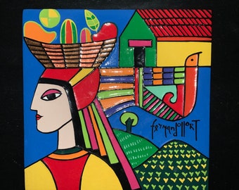 Fernando Llort Salvadoran Signed Art Ceramic Tile Decor “La Vendedora”