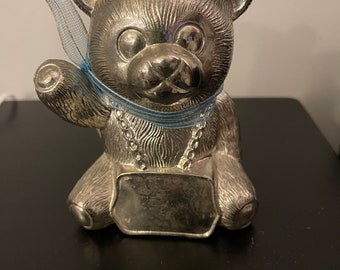 VTG Antique Metal Teddy Bear Chain Coin Bank 6" x 4" Made In Japan