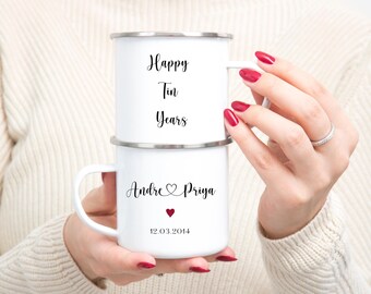 Personalized 10th Anniversary Mug Set: Tin Year Gift for Couple