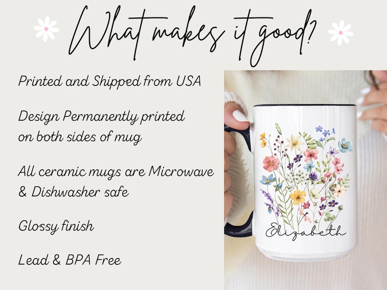 May include: A white ceramic mug with a dark blue handle and rim, featuring a colourful watercolour-style floral bouquet illustration and the name Elizabeth printed in black script lettering on the front surface of the mug.