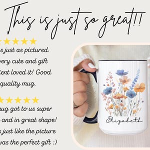 May include: A white ceramic mug with a dark blue handle and rim, featuring a colourful watercolour-style floral illustration of blue and orange wildflowers. The name Elizabeth is printed in black script font below the floral design.