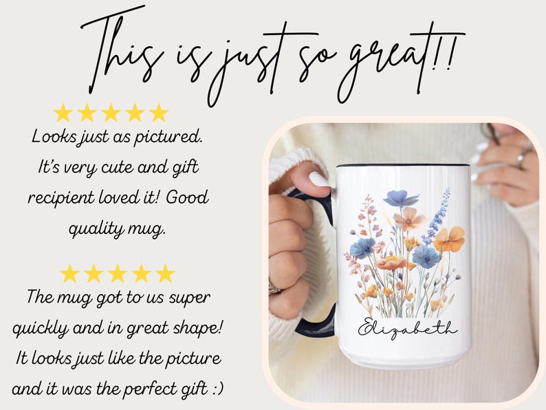 May include: A white ceramic mug with a dark blue handle and rim, featuring a colourful watercolour-style floral illustration of blue and orange wildflowers. The name Elizabeth is printed in black script font below the floral design.