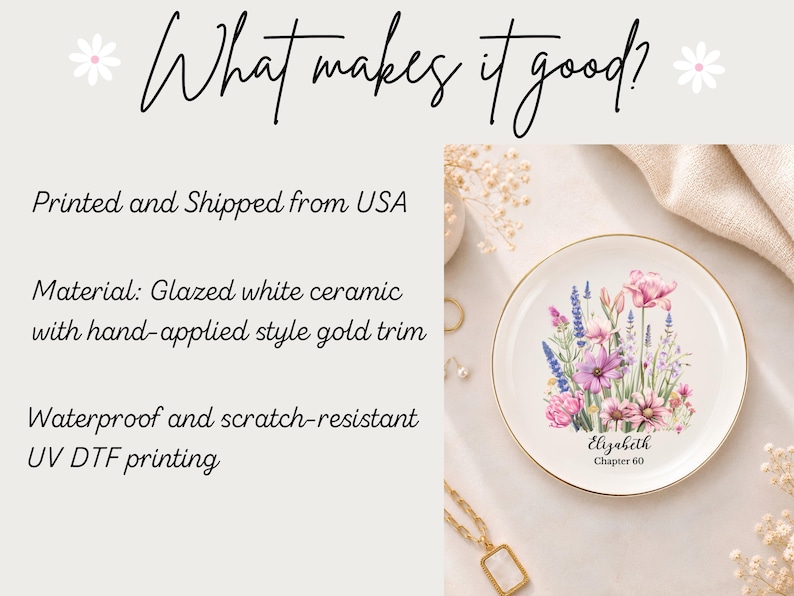 May include: A round white ceramic dish with a gold-coloured rim, featuring a colourful floral illustration of pink, purple, and blue wildflowers. The text "Elizabeth" and "Chapter 60" is printed in black script and sans-serif font below the flowers.