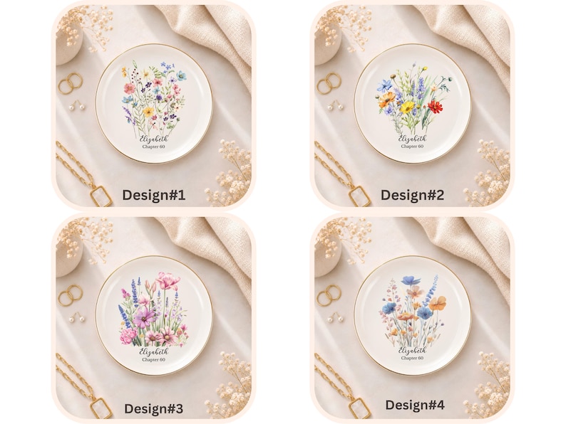 May include: Four round white ceramic trinket dishes with gold rims, each featuring a unique watercolour wildflower bouquet illustration. Below the floral designs, the text reads Elizabeth Chapter 60 in a black script and serif font combination.