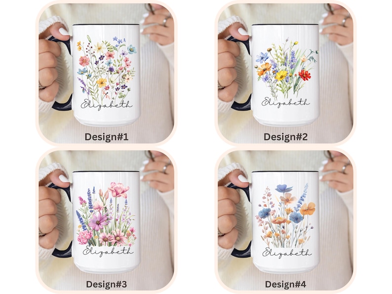 May include: Four white ceramic mugs with dark blue handles and rims, each featuring a unique watercolour wildflower bouquet and the name Elizabeth in black script. The designs are labelled Design#1, Design#2, Design#3, and Design#4 respectively.