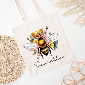 Personalized Name Bee tote bag, Gift for Her, Housewarming Gift, Christmas Gift, Bee Gift, Art Coffee tote bag ,custom Bee Lover Gifts