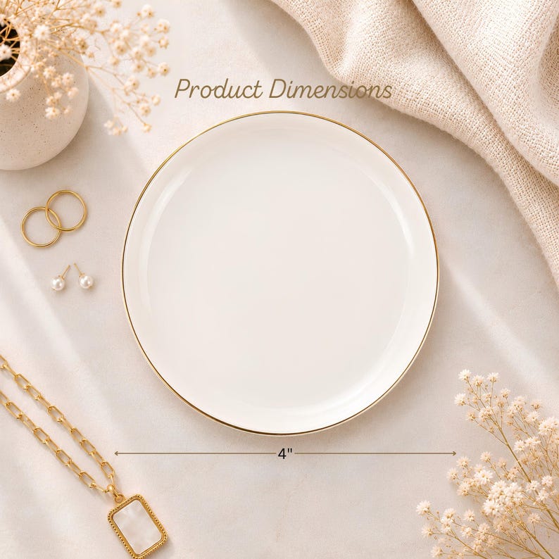 May include: A circular white ceramic trinket dish featuring a thin gold rim. The dish has a diameter of 4 inches as indicated by the text and measurement line. The surface is smooth and glossy, designed for holding small items like jewellery.