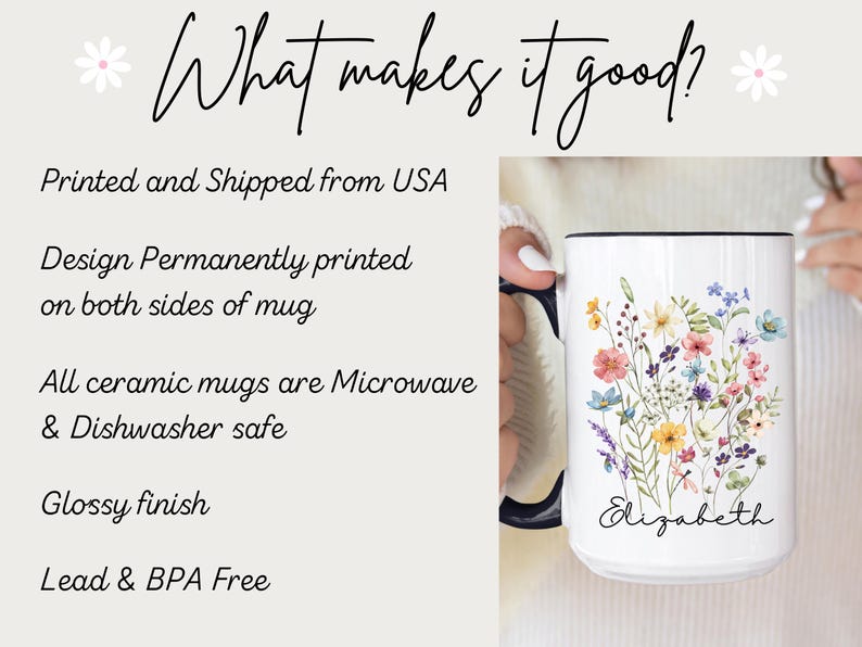 May include: White ceramic mug with a black rim and handle, adorned with a colorful floral design and the name "Elizabeth" in script. The mug features text: "What makes it good?" and "Design Permanently printed on both sides of mug."