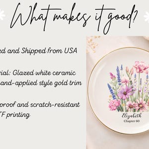 May include: A round white ceramic plate with a gold-coloured rim. The centre features a colourful floral illustration of pink, purple, and blue wildflowers. Below the flowers, the text reads Elizabeth and Chapter 60 in a black script and serif font.