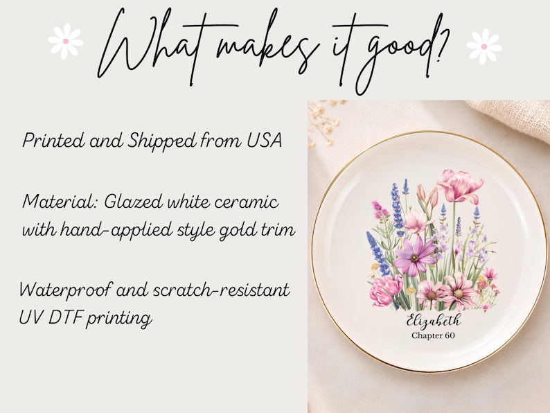 May include: A round white ceramic plate with a gold-coloured rim. The centre features a colourful floral illustration of pink, purple, and blue wildflowers. Below the flowers, the text reads Elizabeth and Chapter 60 in a black script and serif font.
