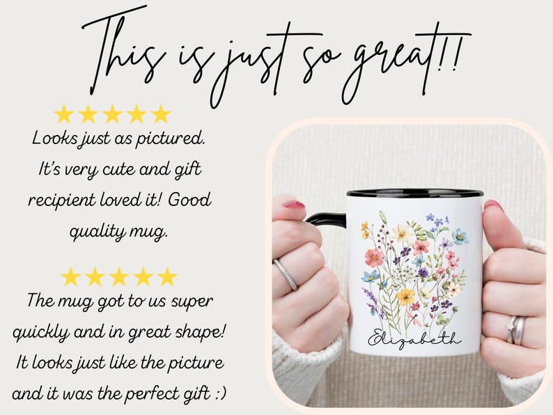 May include: White ceramic mug with a black rim and handle, adorned with a floral design in various colors. The mug has the name "Elizabeth" written on it. The text "This is just so great!!" is at the top.