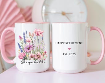 Personalized Retirement Mug: Floral Design, Custom Name