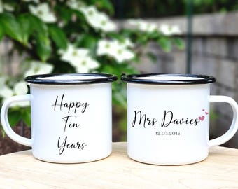 Personalized 10 Year wedding Anniversary Mug Set: Tin Anniversary Gift