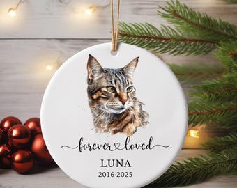 May include: A white ceramic ornament featuring a watercolor portrait of a tabby cat. The ornament has the text "forever loved" and the name "LUNA" with the years "2016-2025". A brown string is attached for hanging. Red ornaments and greenery are in the background.