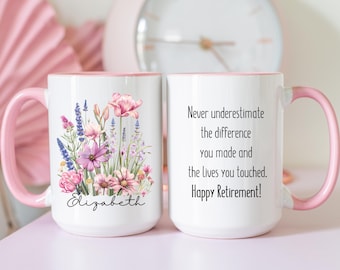 Personalized Floral Retirement Mug, Custom Farewell Gift
