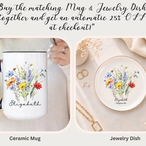 May include: A white ceramic mug with a dark blue handle and a round jewellery dish, both featuring a colourful wildflower bouquet illustration and the name Elizabeth printed in black script. The dish also includes the text Chapter 60 below the name.