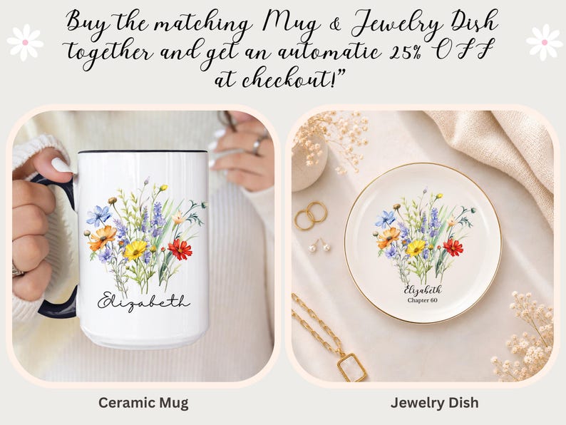 May include: A white ceramic mug with a dark blue handle and a round jewellery dish, both featuring a colourful wildflower bouquet illustration and the name Elizabeth printed in black script. The dish also includes the text Chapter 60 below the name.