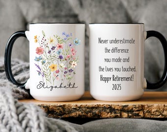 Personalized Retirement Mug: Floral Design, Custom Name