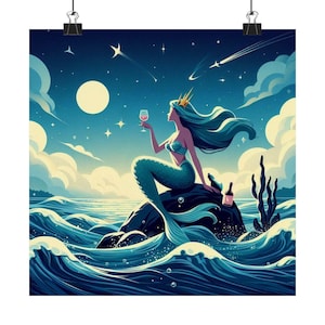 Poster verticale opaco con sirena incantevole, stampa artistica sull&#39;oceano, arredamento nautico per la casa, ideale per atmosfere costiere, regalo perfetto per gli amanti del mare