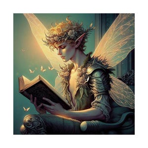 魅惑的な妖精の本好きのマットな縦型ポスター、魔法の室内装飾、ファンタジーな壁アート、読者へのギフト、気まぐれなアートプリント、おとぎ話