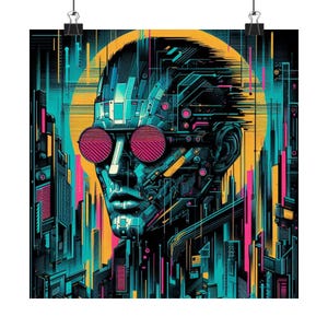 Pôster de arte cyberpunk futurista, pôster vertical fosco, decoração tecnológica, arte de parede, presente para amantes de tecnologia, decoração futurística retrô