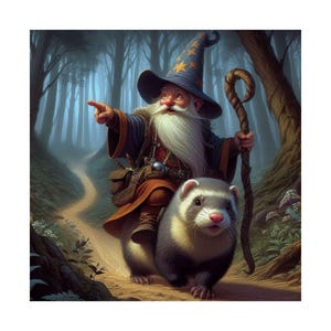 Poster sorcier furet, art de la forêt enchantée, décoration murale fantastique, impression de créature magique, cadeau pour les amateurs de fantastique