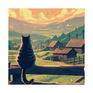 Dreamy Cat Landscape Poster, Cozy Decor, Cat Lover Art, Home Wall Art ...