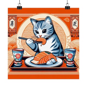 Cute Cat Sushi Poster, Whimsical Cat Art Print, Japanese Style Wall Decor, Kitten Kitchen Art, Perfect Gift for Cat Lovers