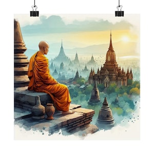Watercolor Monk Temple Matte Vertical Posters, Zen Meditation Room Art, Minimalist Asian Wall Decor, Scenic Buddhism Print, Serene Canvas