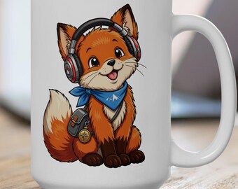 Byte the Fox Ceramic Mug | Red Fox with Blue Scarf, Headphones (15oz)