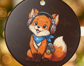 Byte the Headphone Fox Keramikornament | Runde Weihnachtsdekoration