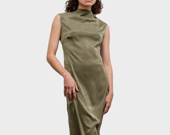 The Luna mock neck dress in Brushed Sueded Faille fabric, long sleeveless dress, Olive color