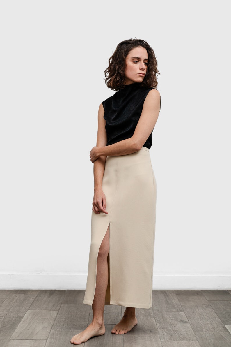 Sage Color Ankle-Length Pencil Skirt with Side Slit main image 1