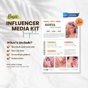 Kit de mídia para criador de conteúdo | Design de cartão de preços para influenciadores | Modelo editável do Canva | YouTube, Instagram, TikTok, mídias sociais