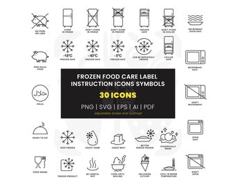 30 Frozen Food Care Label Instruction Symbol | SVG PNG Icons | Kitchen Clipart | Line Icon Pack | Vector Set