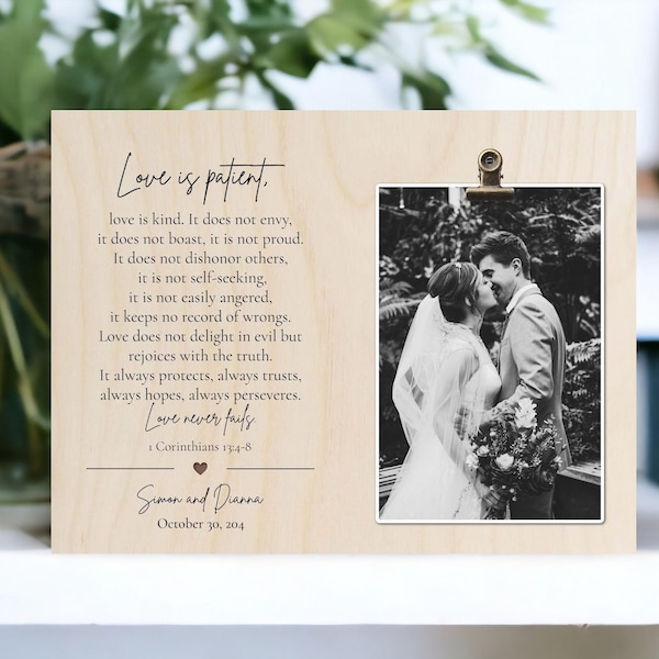 Love is Patient love is kind, Personalized Wedding Frame, Engraved Frame, 5 year anniversary Gift Idea