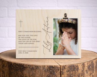 Personalized First Communion Photo Frame, Engraved Wood Blessing Gift
