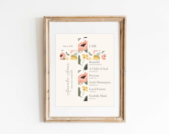 Cruz Floral para Imprimir, Presente de Batismo Personalizado, Lembrança de Confirmação (Download Digital)
