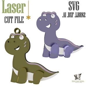 May include: Two cartoon dinosaur cut files in olive green and purple. The dinosaurs have white accents and are smiling. The text "Laser Cut File" and "SVG AI DXF LBRN2" are in the image.