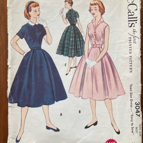 McCall’s 3047 Size 14 / 32 Bust Teens Misses / Womens Sewing Pattern - 1950s Dress with Belt