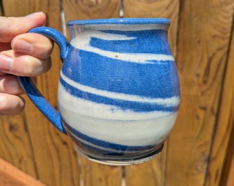Handmade Big Bellied Blue and White Spiraled Mug
