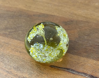 Vintage Hand Blown Glass White Yellow Flower Paper Weight | Botanical