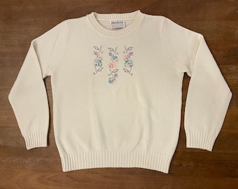 Vintage Fire Islander Womens Floral Cross Stitch Sweater | Large Cream 1980s