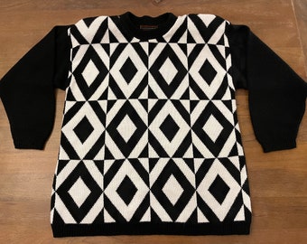 Vintage Yarnworks Black and White Geometric Pullover Sweater | Size M | Shoulder Pads