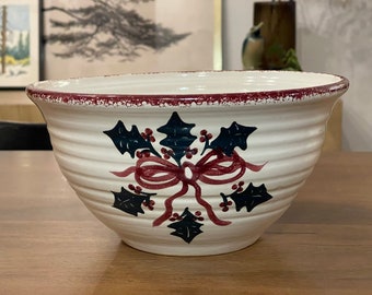 Vintage Nichols Pottery Hand Painted Bowl | Red Ribbon Holly | Signed 1997 NC