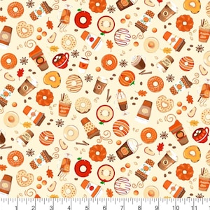 May include: A repeating pattern on a cream background featuring orange pumpkin donuts, coffee cups labeled Pumpkin Spice, apple slices, coffee beans, and star anise. A ruler at the bottom shows measurements in inches from 0 to 11.