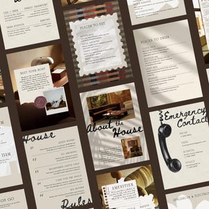May include: A collection of beige and brown informational cards for a rental property, featuring headings like Places to Eat, Places to Drink, Emergency Contact, and House Rules, with black text, vintage-style paper textures, and photos.