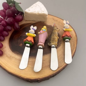 Hand Painted Resin Handle with Stainless Steel Blade Cheese Spreader , easter bunny and egg baskets , Set of 4pcs, Vintage 1990s