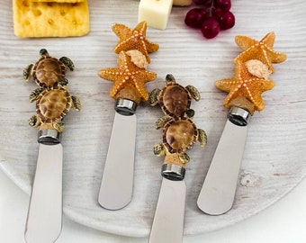 Handbemalter Harzgriff mit Edelstahlklinge Käseverteiler, Seestern, Meeresschildkrötendesign, 4er-Set