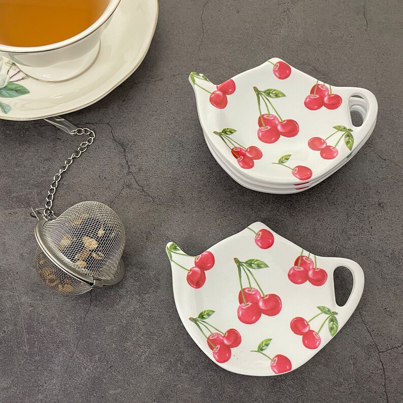 4pcs Tea Bag Holder, Hand Imprinted Cherry Design Teapot Shaped Tea Bag ...